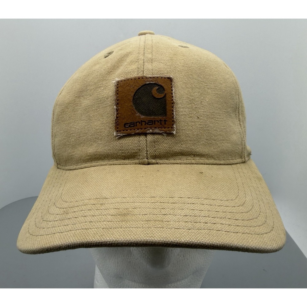 Carhartt Hat Cap Strap Back Brown Canvas Leather Patch Workwear Mens Distressed